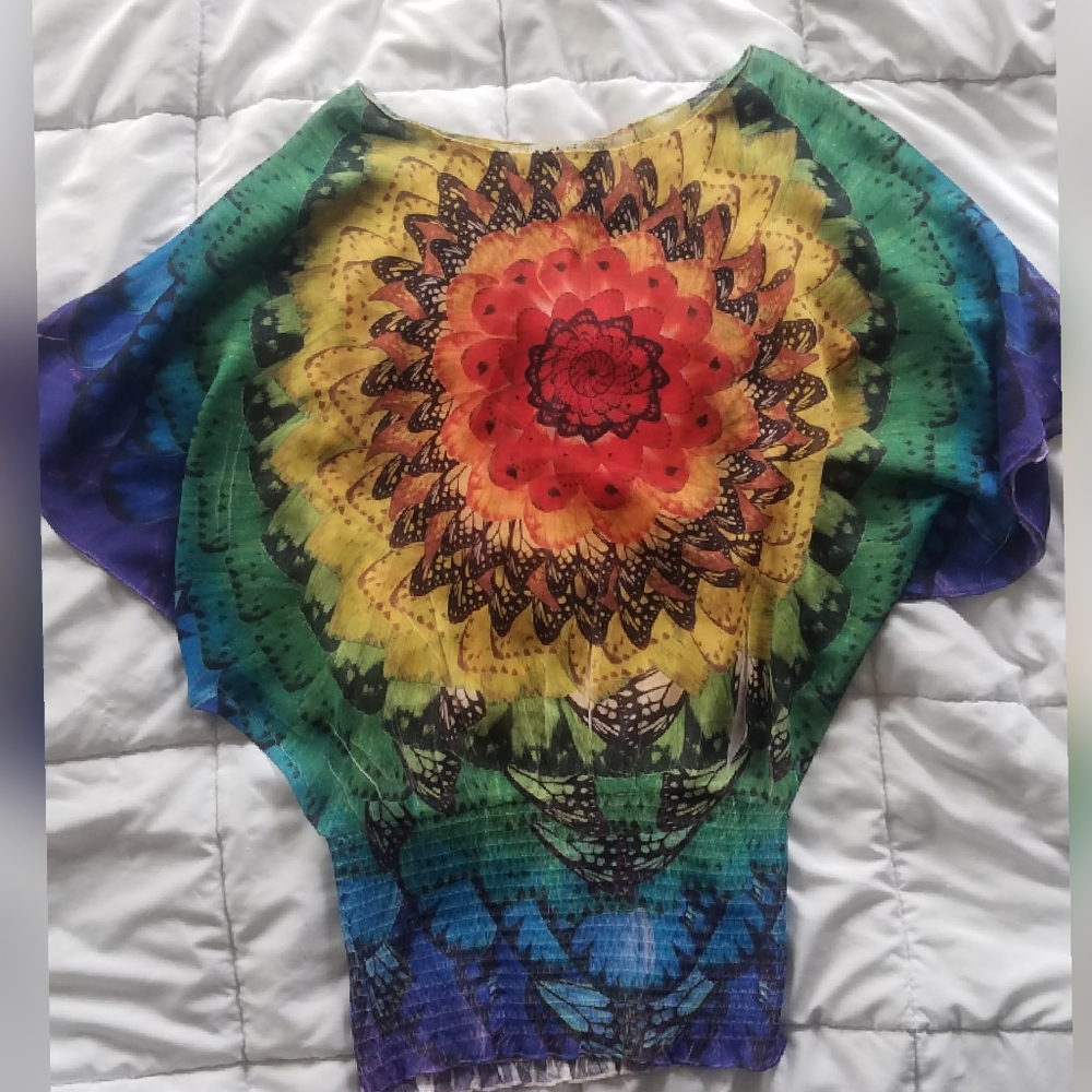 one world rainbow colored dolman sleeve top